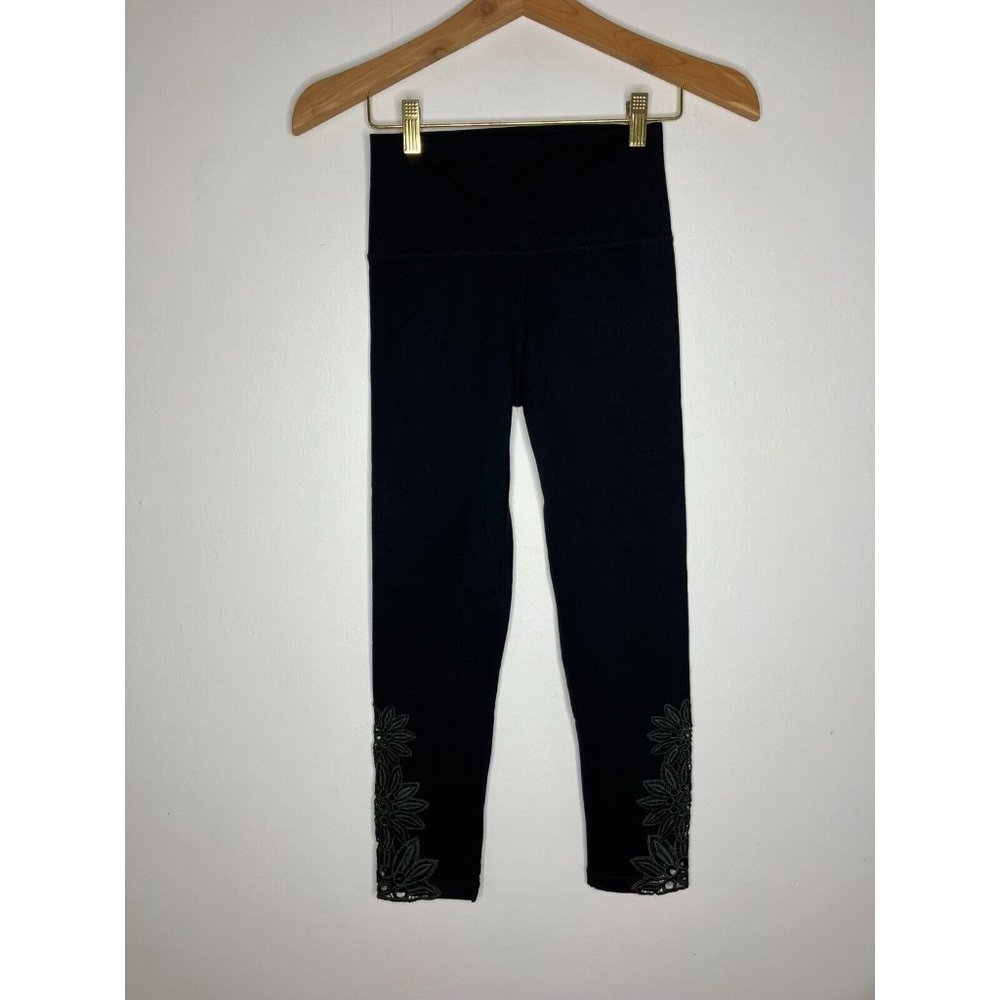 Aerie Kids Girls Small Black Leggings With Side Floral Eyelet Detail New
